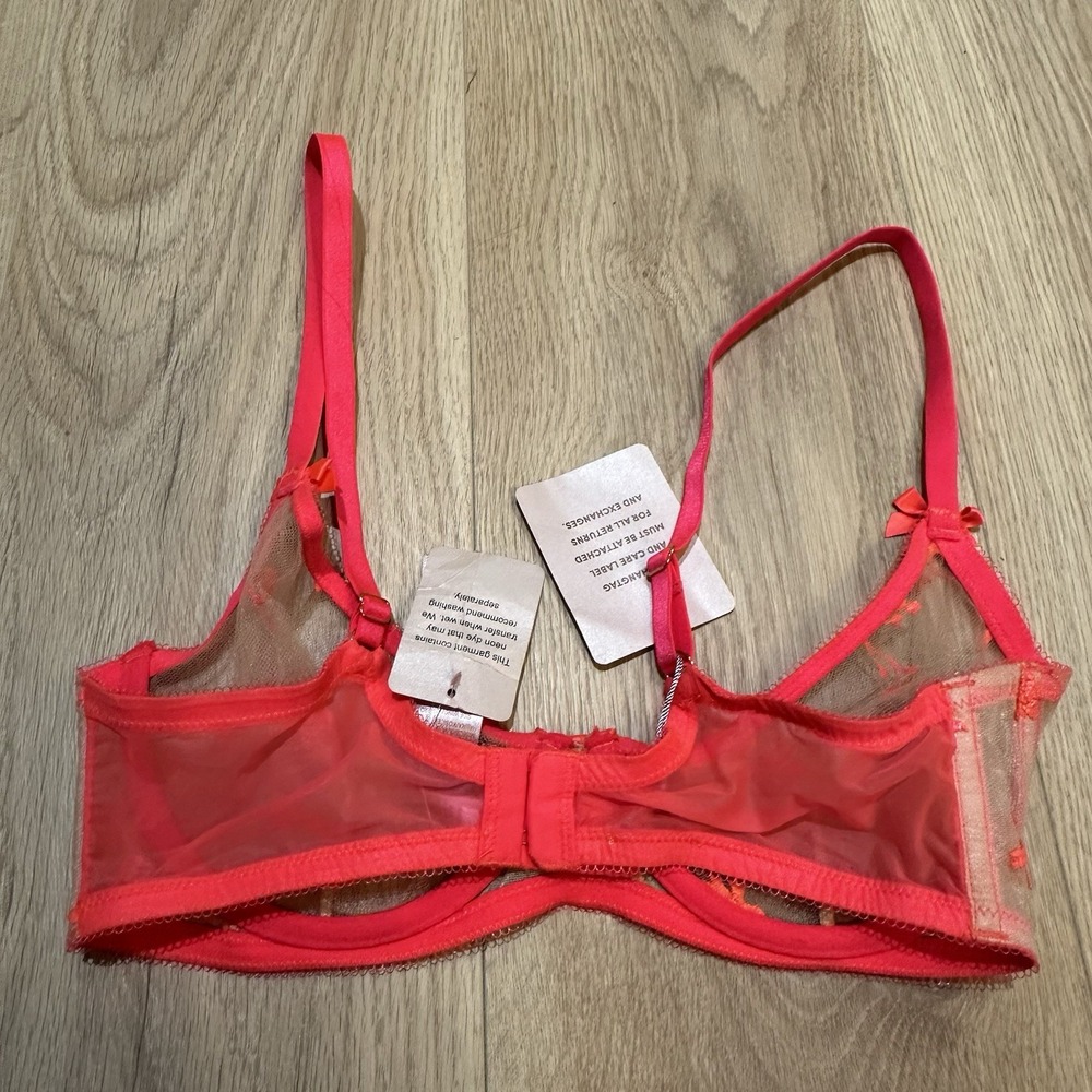 NWT Savage Fenty Foiled Sprigs Neon Hot Pink Sheer Embroidered Unlined Bra 36C - Picture 3 of 9